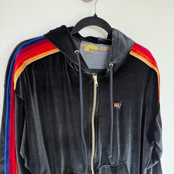 Aviator Nation Black Velour Hoodie Zip Front Sweatshirt Striped Sleeve Medium - Picture 2 of 14